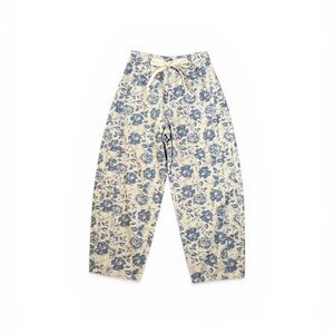 High-Rise Floral Wide-Leg Barrel Jeans in Cream & Blue